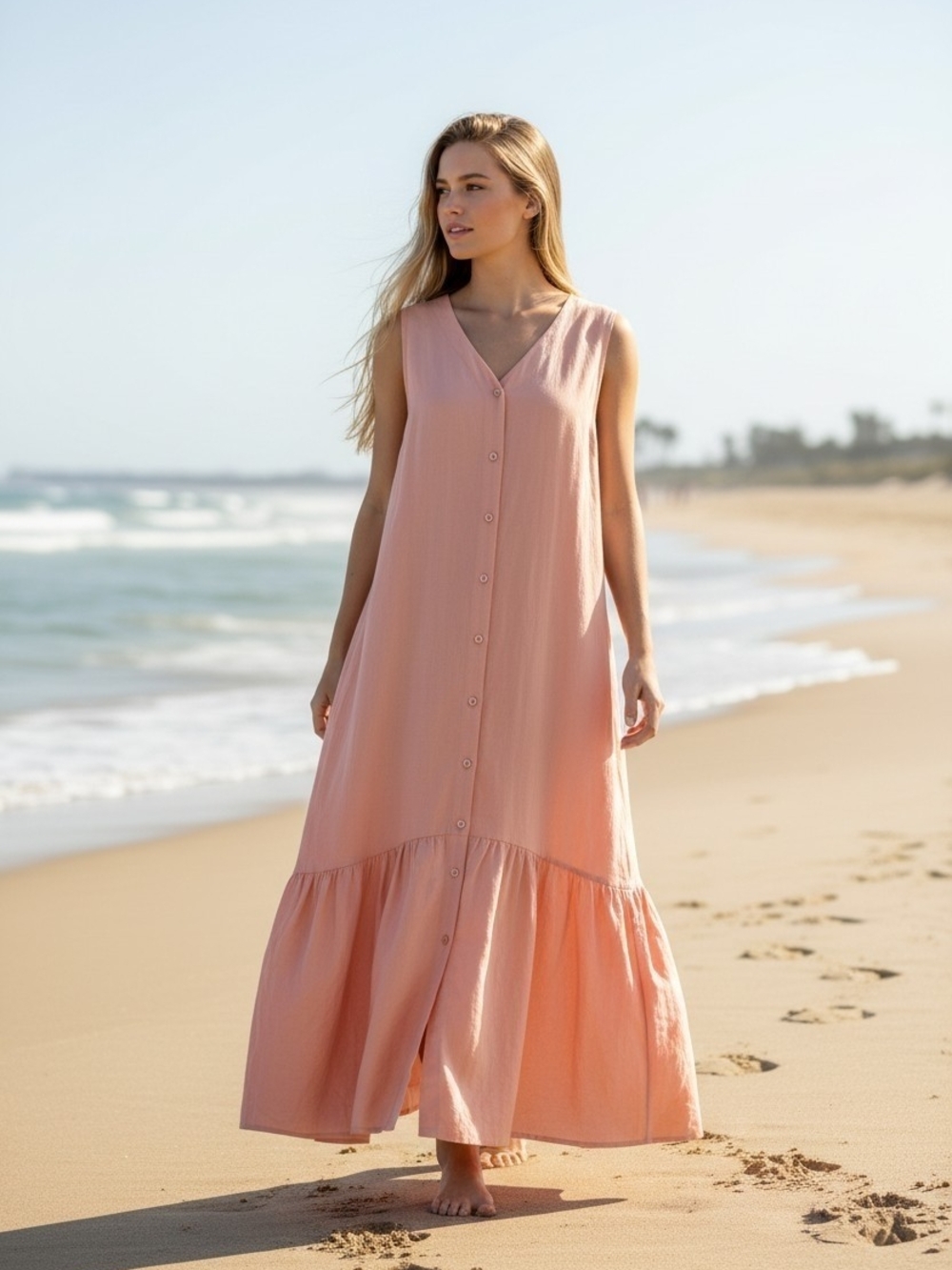 Sleeveless V-Neck Button-Front Maxi Dress in Blush Pink